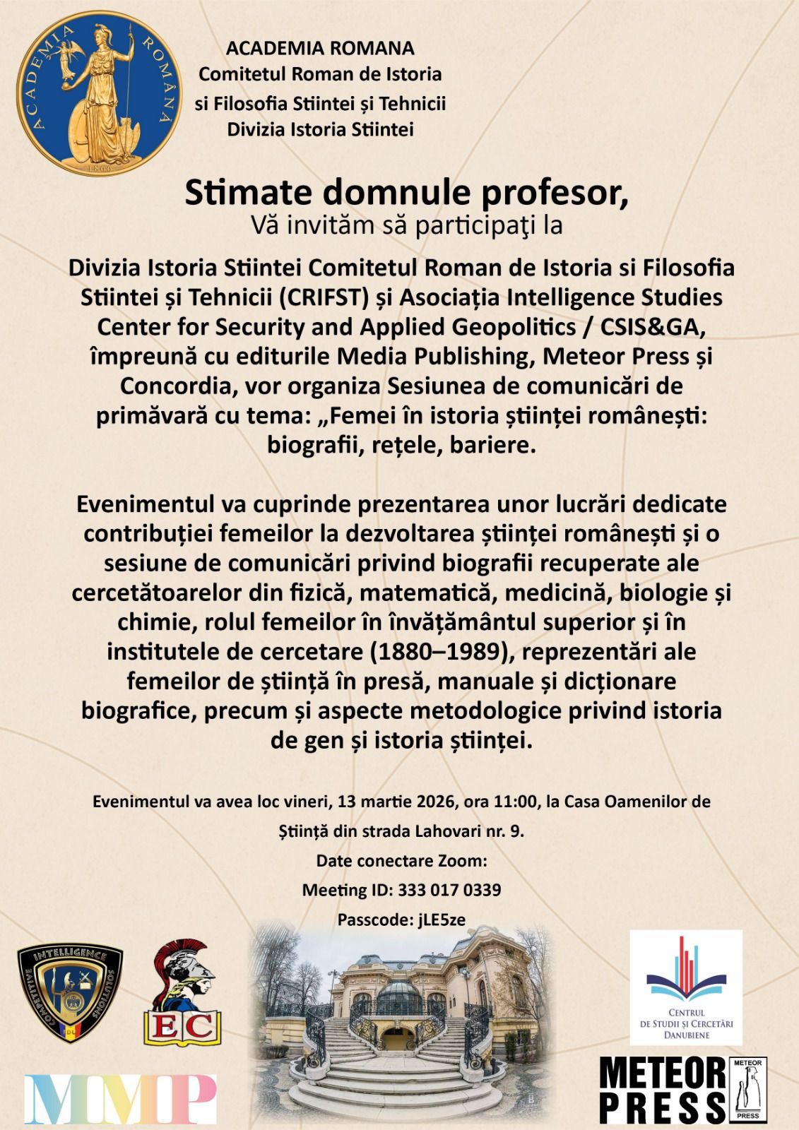 Participare academică în cadrul sesiunii științifice „Femei în istoria științei românești: biografii, rețele, bariere”